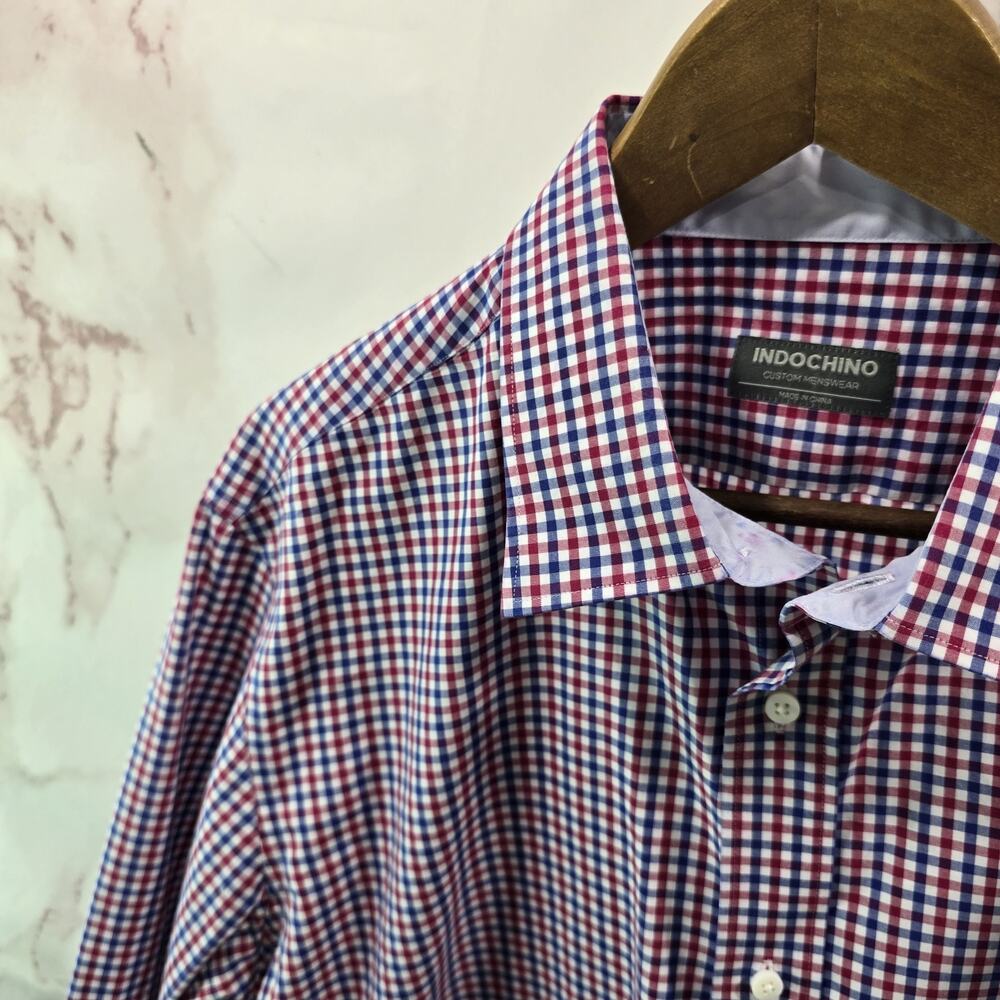 Indochino Shirt Mens Medium Red Blue Gingham Button Up Plaid Long Sleeve